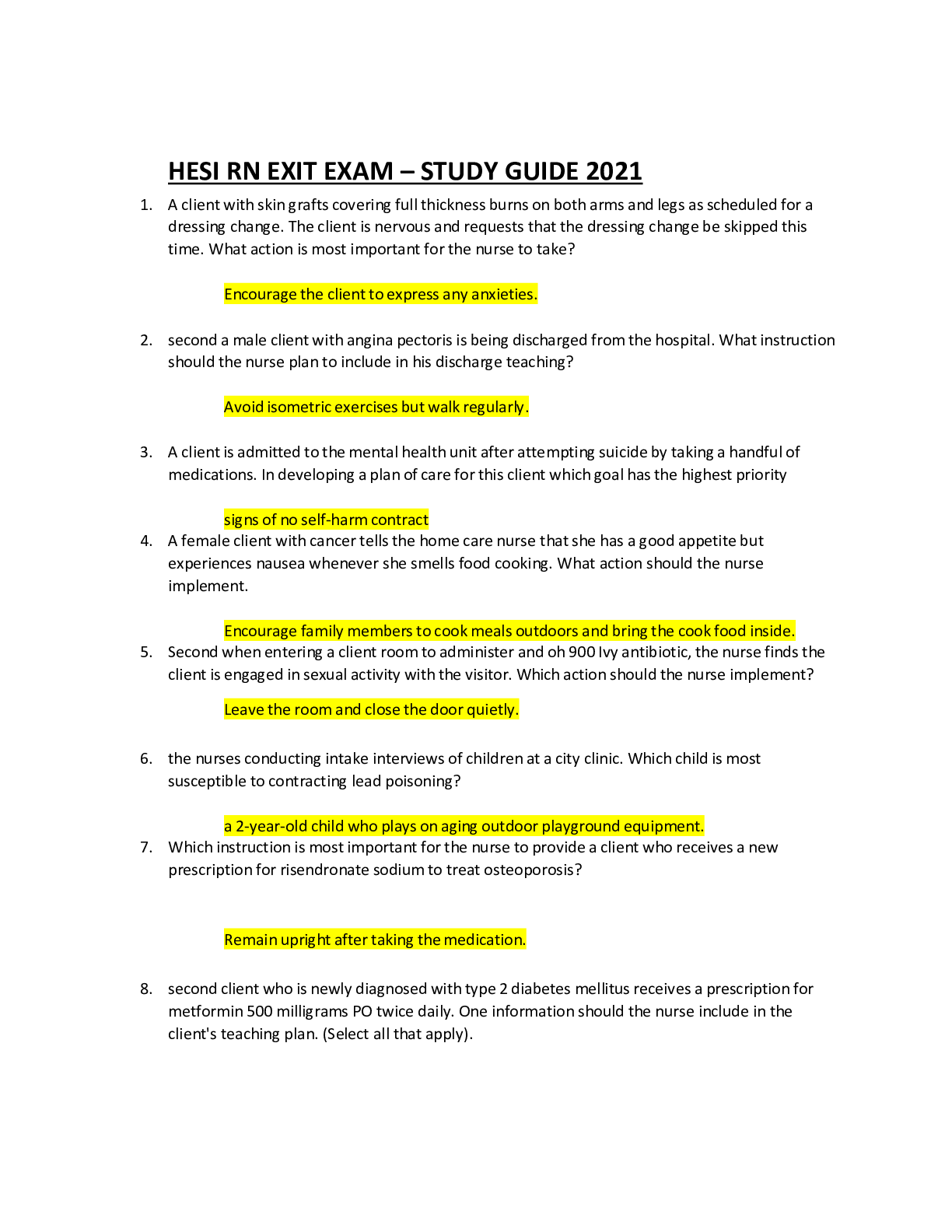 Preview of HESI RN EXIT EXAM – STUDY GUIDE 2021 / Correct Questions & Answers